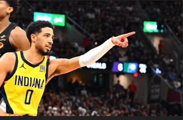 Indiana Pacers forward Tyrese Haliburton points his left finger to the crowd's direction in Game 5 of their Eastern Conference semifinals series against the Cleveland Cavaliers on Tuesday. Cavaliers vs Pacers series ends as Indiana takes Game 5