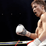 Japan's Naoya Inoue roars for the crowd after his bout againt Ramon Cardenas in Las Vegas on Sunday night. Inoue survives knockdown to stop Cardenas in Las Vegas return