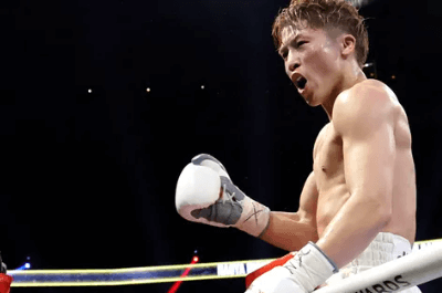 Japan's Naoya Inoue roars for the crowd after his bout againt Ramon Cardenas in Las Vegas on Sunday night. Inoue survives knockdown to stop Cardenas in Las Vegas return
