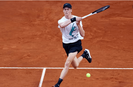 Italy's Jannik Sinner returns a shot in practice after his first public apearance in Rome for the Italian Open 2025. Sinner to return at Italian Open; Djokovic withdraws amid skid