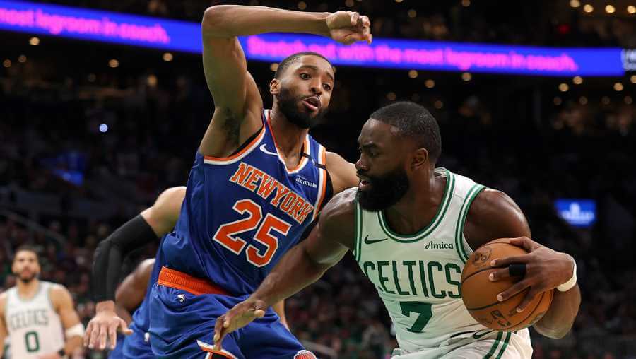 New York guard/forward Mikal Bridges (left) defends against Boston forward Jaylen Brown (7, right ) in Game 1 of their first-round series against the Boston Celtics on Monday. Celtics vs Knicks sees Bridges' steal seals it for New York in OT