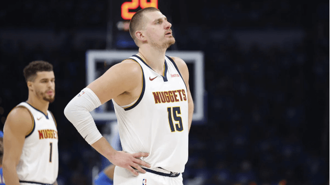 Denver Nuggets center Nikola Jokic looks forlorn in Game 7 of their Western Conference semifinals vs the Oklahoma City Thunder on Sunday. Nuggets vs Thunder sees OKC in West finals against Wolves