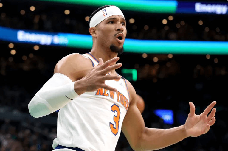 New York Knicks' guard Josh Hart reacts during a break in Game 5 of their semifinals series against the Boston Celtics on Wednesday. . Celtics vs Knicks matchup has Boston extend series