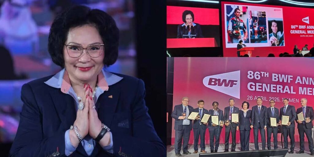 New BWF president Khunying Patama Leeswadtrakul (left) gestures in file photo, as officials met the 86th BWF Annual General Meeting (lower right) on April 26). New BWF head aims badminton's global reach, eyes collaboration