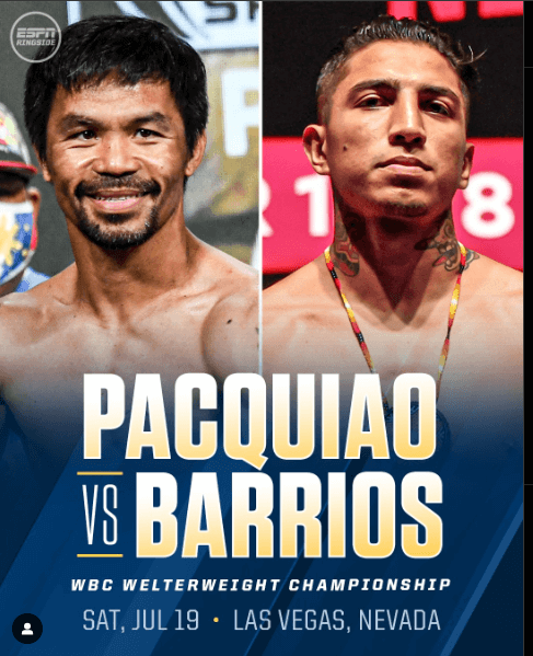 A promotional poster featuring Manny Pacquiao (left_ and Mario Barrios (right) for the WBC Welterweight championship is featured in screenshot from Instagram. Arum finds Pacquiao comeback title fight 'really questionable'