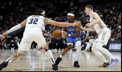 OKC guard Shai Gilgeous Alexander (3, middle) tries to wiggle out of a double team from Denver's Aaron Gordon (32, left) and Christian Bruan (right) in Game 6 of their conference semifinals against the Nuggets on Thursday. Nuggets vs Thunder sees Denver tie series amid Murray illness