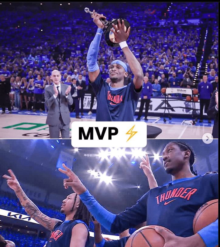 OKC guard Shai Gilgeous Alexander (upper photo) receives his MVP trophy prior to Game 2 of their Western Conference Finals series against the Minnesota Timberwolves on Thursday while his teammates (lower photo) cheered him on. . OKC vs Wolves Game 2 sees Thunder take 2-0 lead behind SGA