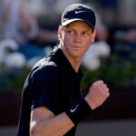Italian Jannik Sinner pumps his fist at the Italian Open on Monday. Sinner resumes surge at Italian Open; Gauff takes down Raducanu