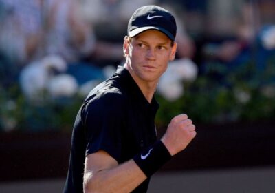 Italian Jannik Sinner pumps his fist at the Italian Open on Monday. Sinner resumes surge at Italian Open; Gauff takes down Raducanu