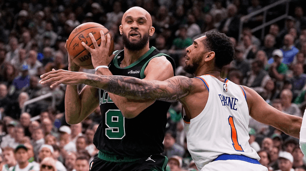 Boston guard Derrick White (9, left) drives againt New York's Cameron Payne (1, right) in Game 5 of their semifinals series against the New York Knicks on Wednesday. Celtics vs Knicks matchup has Boston extend series