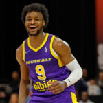 South Bay Lakers guard Bronny James reacts while on the court in an NBA G League game in file photo. Bronny James gets G League post after solid play