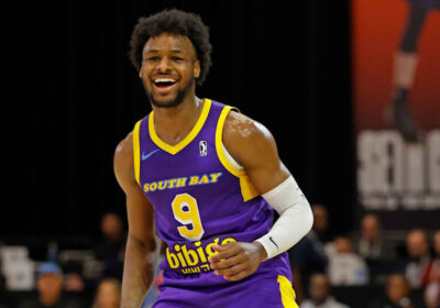 South Bay Lakers guard Bronny James reacts while on the court in an NBA G League game in file photo. Bronny James gets G League post after solid play
