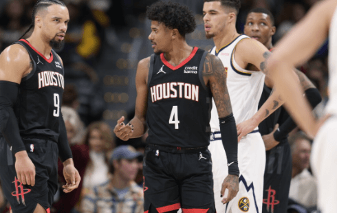 Forward Dillon Brooks (9, left) and guard Jalen Green (4, right) discuss something in a play while playing for Houston the past regular season. Thew two players were shipped to Phoenix as part of the Kevin Durant trade on Sunday.