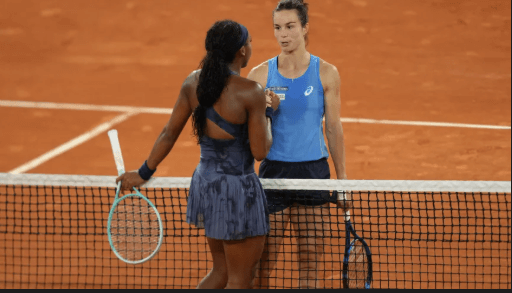 American Coco Gauff (left) shakes hands with France's Lois Boisson (right) after their French Open semifinal on Thursday. Belarus' Sabalenka dethrones Swiatek to reach French Open final vs Gauff