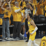 Indiana guard Tyrese Haliburton roars to the crowd in Game 6 of the NBA Finals vs OKC Thunder on Thursday. Pacers force Game 7 after rout of OKC; Haliburton returns