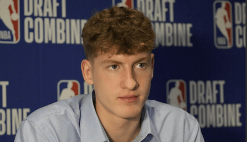 Lithuanian guard Kasparas Jakucionis fields questions at an NBA news conference in file photo.