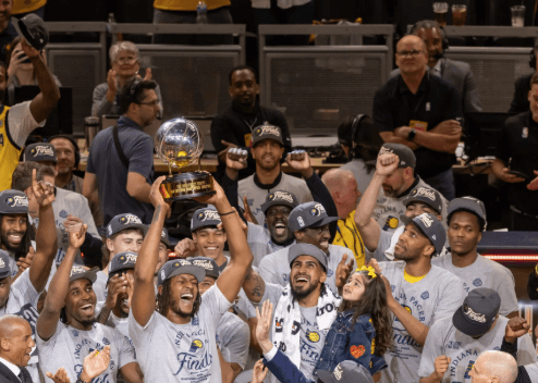 Members of the Indiana Pacers celebrate after they beat the New York Knicks, 4-2 in their Eastern Conference finals series, Indiana vs OKC sees Paul George trades as links to both teams  