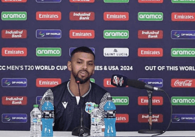 Cricketer Nicholas Pooran fields questions at a news conference in file photo. Pooran retires from intl cricket, West Indies national team at 29