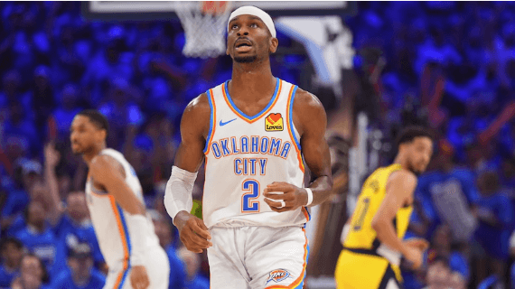 OKC guard Shai Gilgeous Alexander looks at the scoreboard in Game 6 of the NBA Finals vs Indiana Pacers on Thursday. Pacers force Game 7 after rout of OKC; Haliburton returns