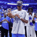 OKC guard Shai Gilgeous Alexander holds the 2025 NBA Finals MVP trophy after leading the Tunder to victory in Game 7 over the Indiana Pacers on Sunday. Thunder vs Pacers Game 7 sees OKC gets title; Haliburton exits