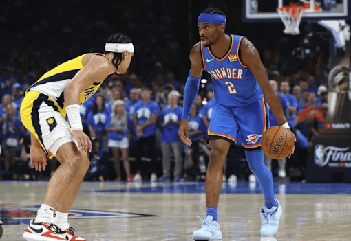 OKC guard Shai Gilgeous Alexander (2, right) attempts to drive in Game 7 of the NBA Finals against the Indiana Pacers on Sunday. Thunder vs Pacers Game 7 sees OKC gets title; Haliburton exits