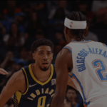 Indiana's Tyrese Haliburton (0, left) guards OKC playmaker Shai Gilgeous Alexander (2, right) in a regular season game in file photo. Indiana vs OKC sees Paul George trades as links to both teams