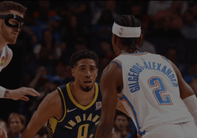 Indiana's Tyrese Haliburton (0, left) guards OKC playmaker Shai Gilgeous Alexander (2, right) in a regular season game in file photo. Indiana vs OKC sees Paul George trades as links to both teams